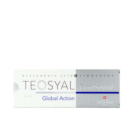 Teosyal PureSense Global Action (2 x 1ml) packaging for dermal filler treatment of facial wrinkles.