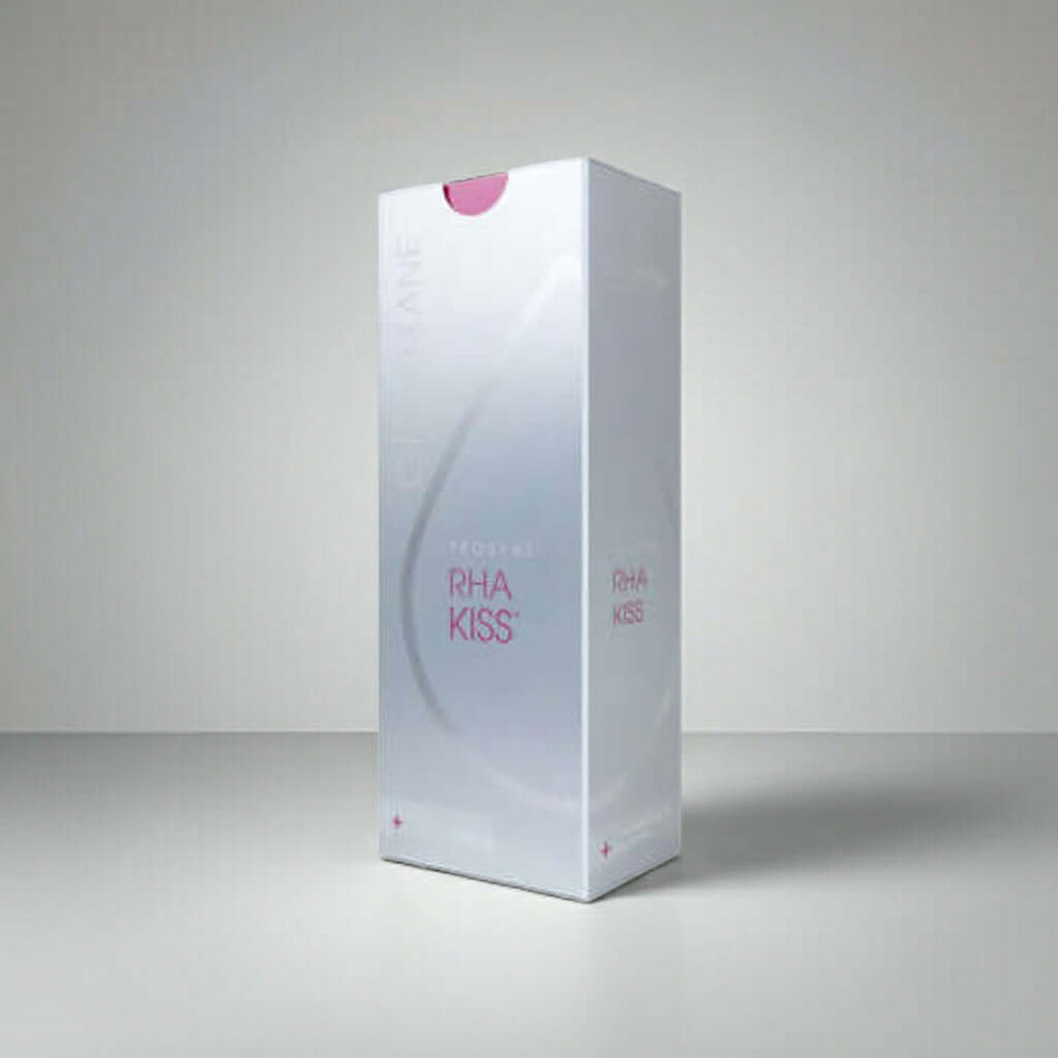 Teosyal RHA Kiss dermal filler for lip enhancement, featuring two 0.7ml syringes of hyaluronic acid.