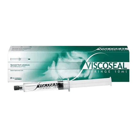 Viscosel 50mg/10ml Hyaluronsäure Gelenkspritze von TRB Chemedica AG zur Adhäsionsprophylaxe, klare Injektionsspritze sichtbar