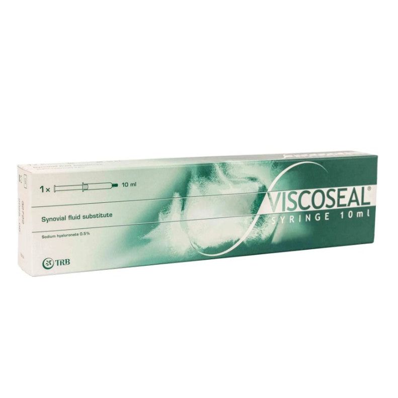 Viscoseal 50mg/10ml Gelenkspritze mit Hyaluronsäure für Adhäsionsprophylaxe, von TRB Chemedica AG, in einer Injektionsspritze.